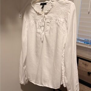 Aqua White Smocked Yoke Tie-Front Long Sleeve Blouse